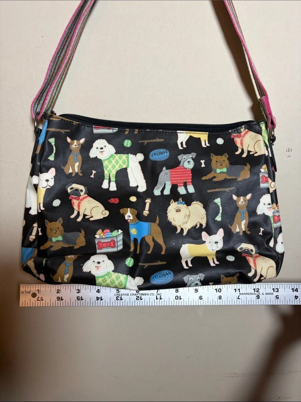 Black Dog-Print Crossbody Bag with Striped Strap Waterproof Dog Walker Purse